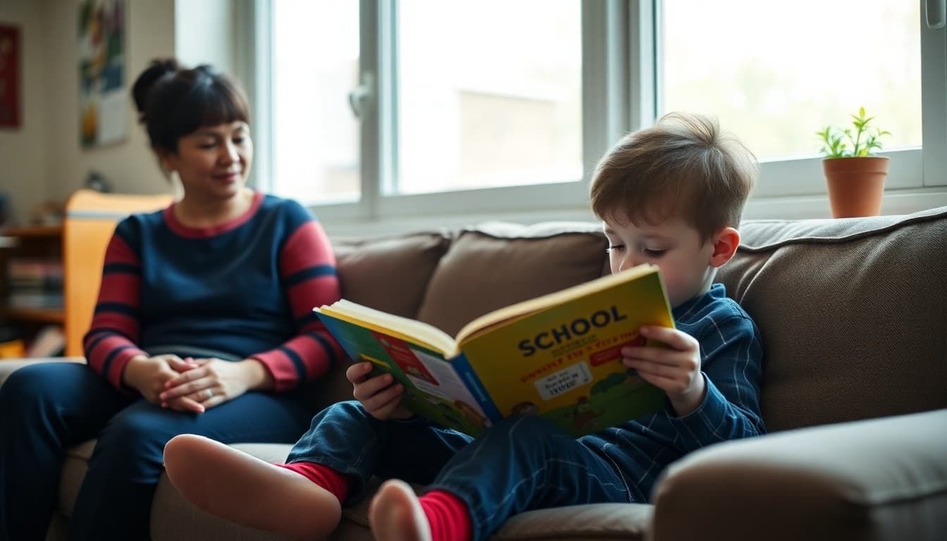 Child reading a book on a couch while a parent looks on for a school read-a-thon