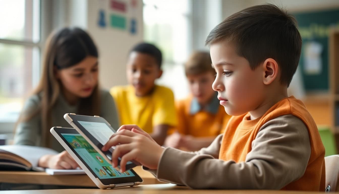 Student using an interactive literacy tool on a tablet during a reading workshop
