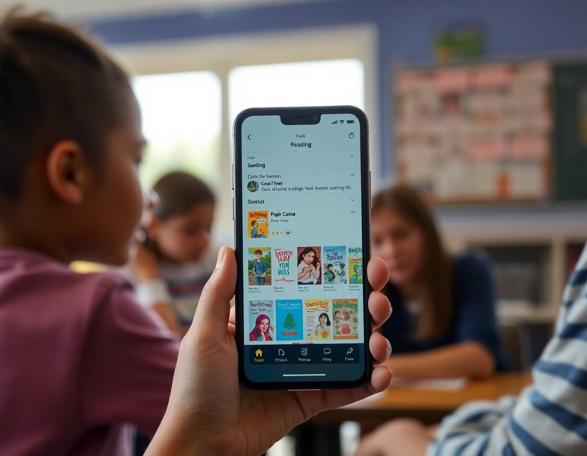 Reading app interface on phone showing student progress and book selection