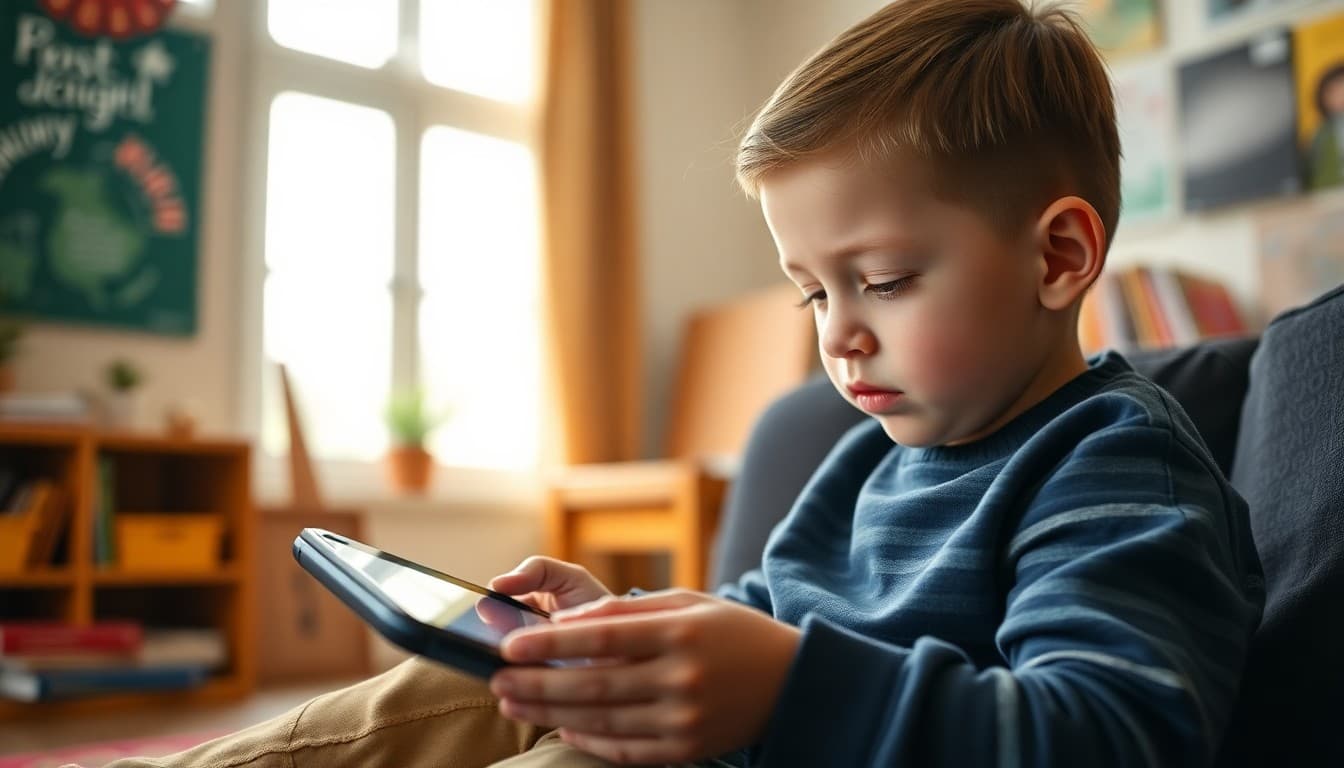 Child reading on a tablet with a reading app open in a comfortable home setting
