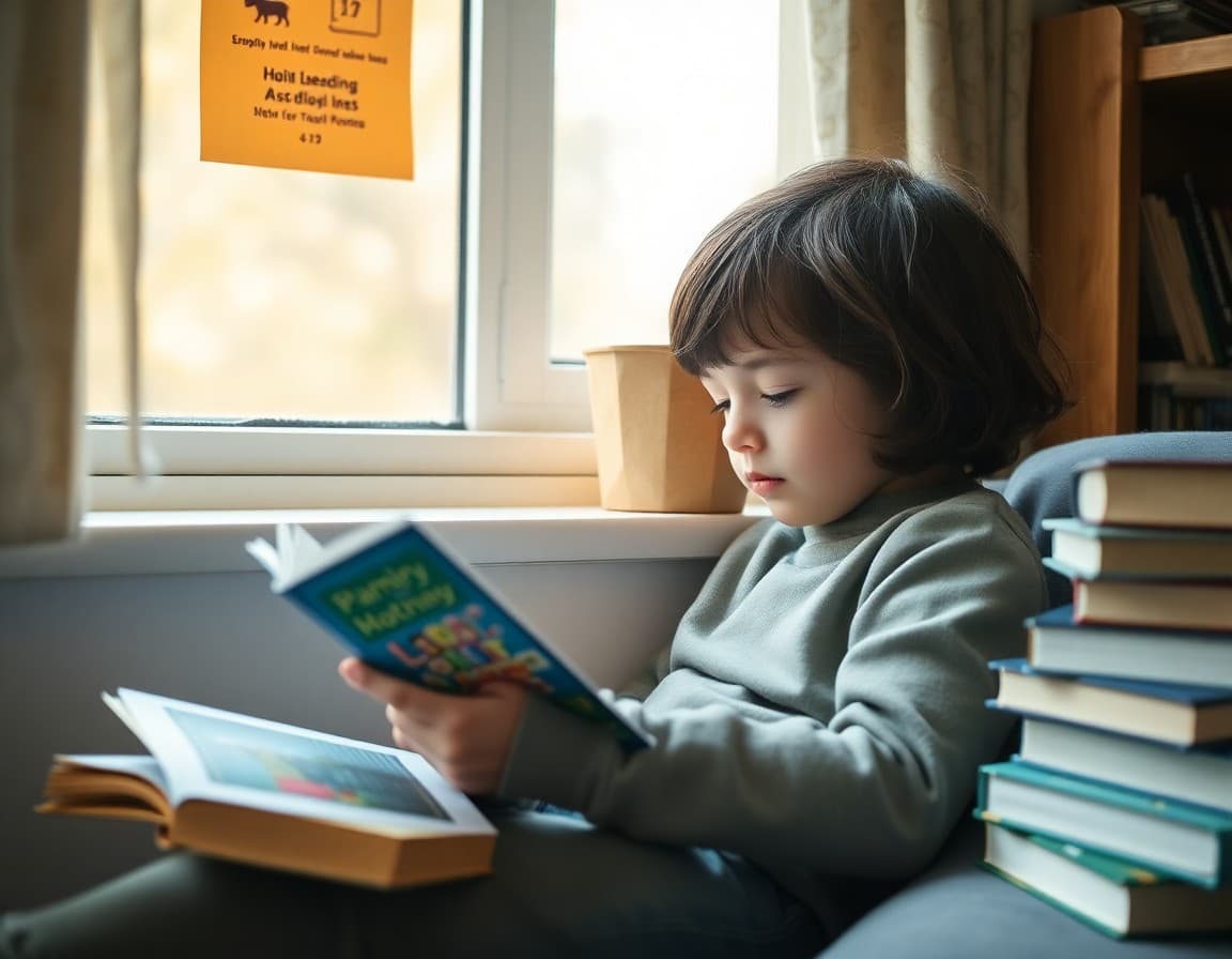 Child reading independently with a book stack nearby in a cozy home reading corner