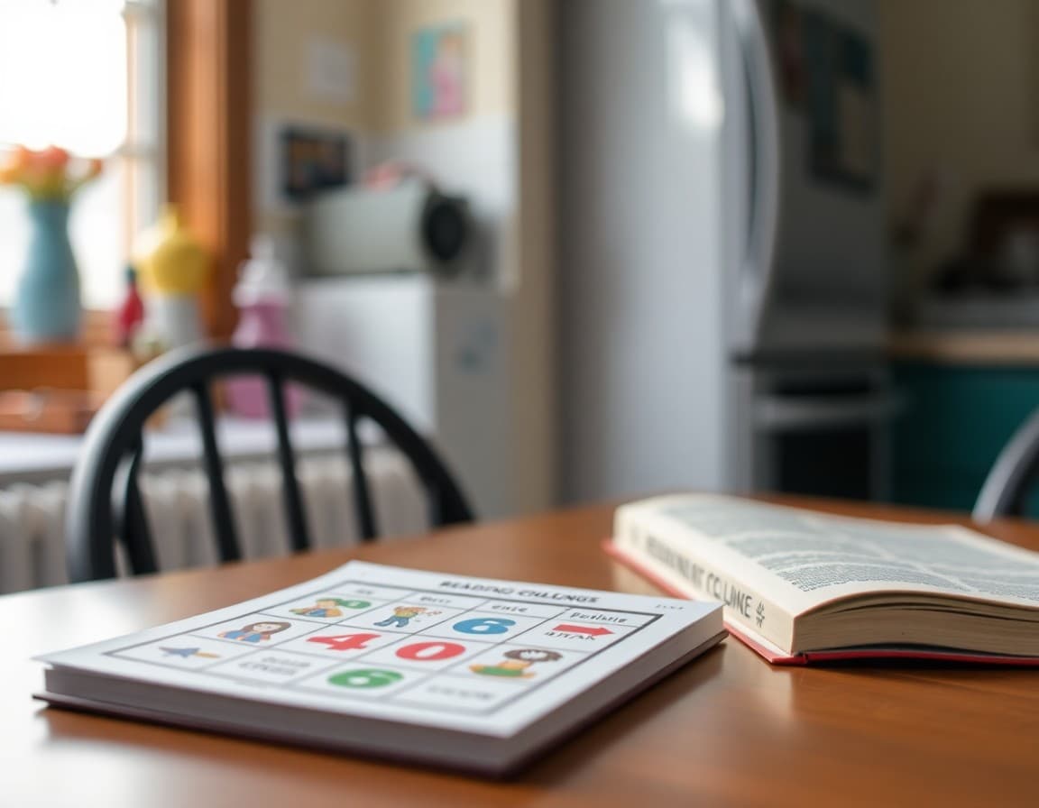Colorful reading challenge bingo card on a kitchen table with a book beside it