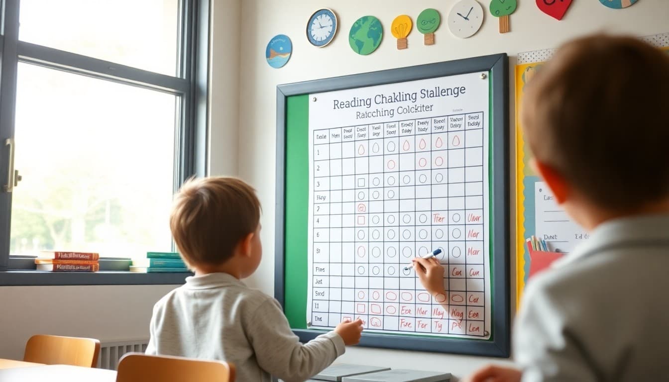 Student coloring in a reading challenge tracker chart on a classroom bulletin board