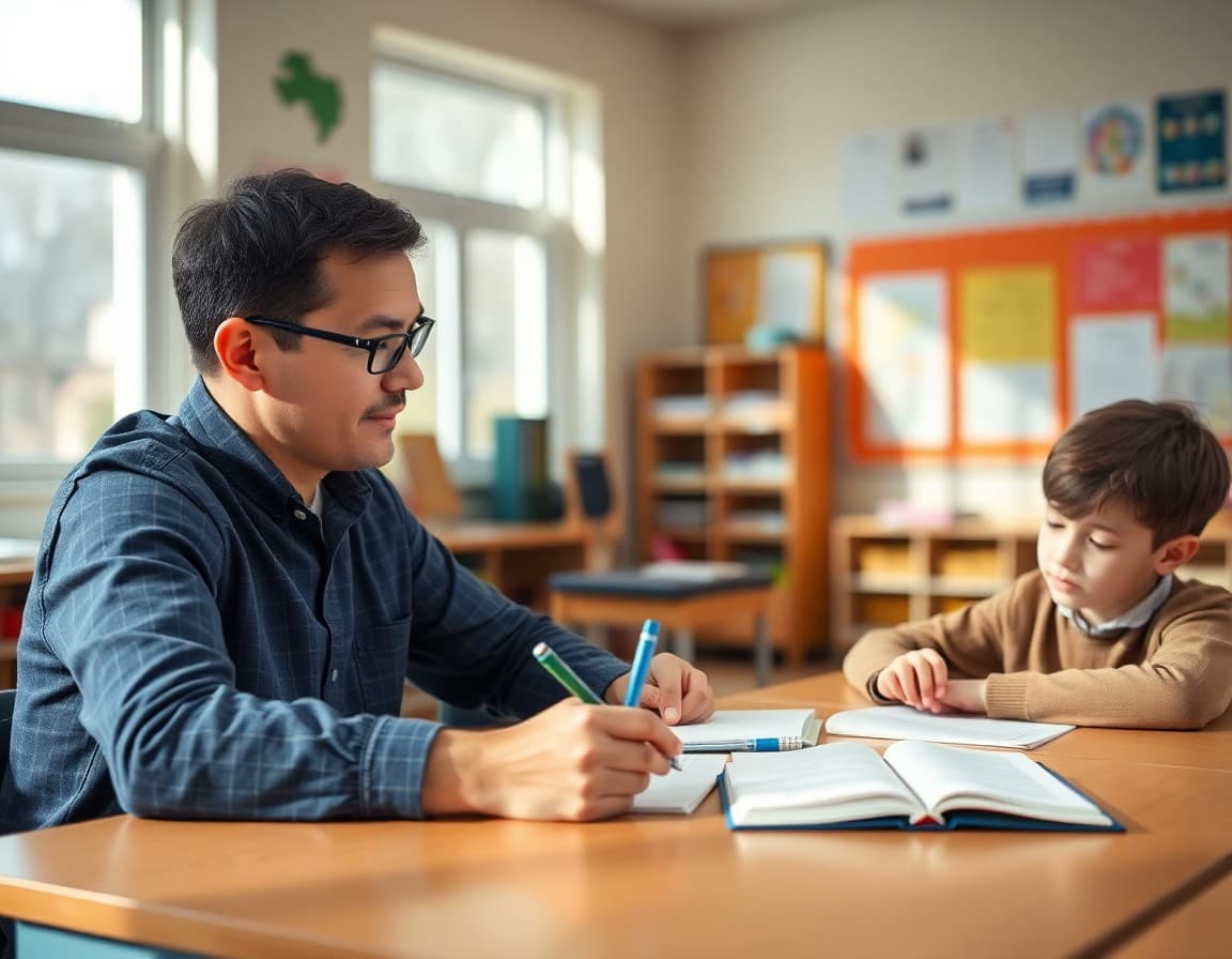 Teacher taking notes during a one-on-one reading conference with a student at a classroom table