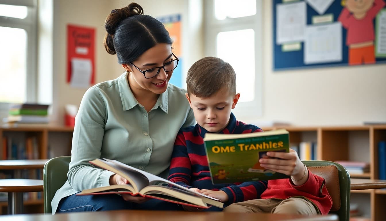 Teacher sitting beside a student in a reading conference, both looking at an open book