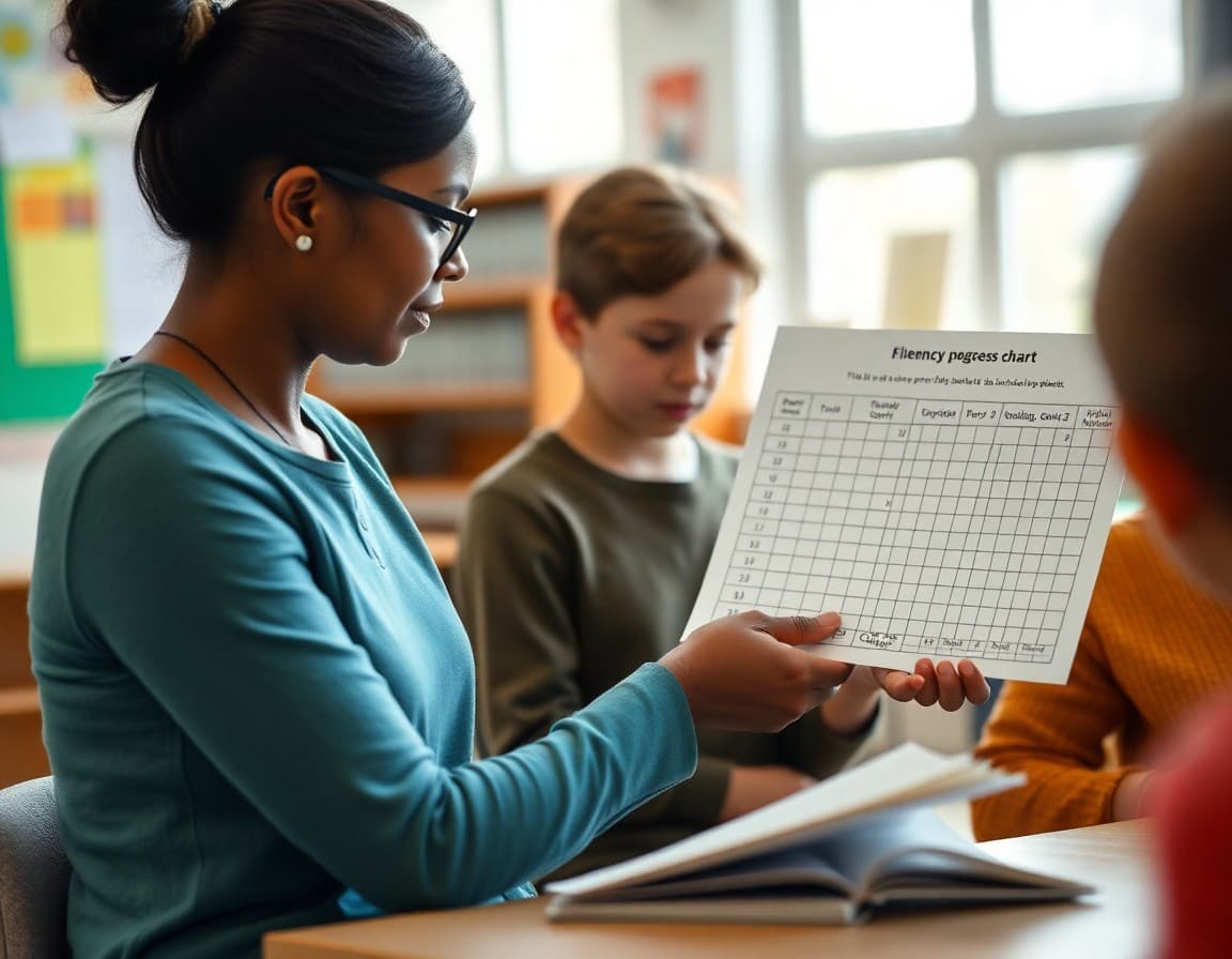 Teacher timing a student oral reading assessment with a fluency progress chart