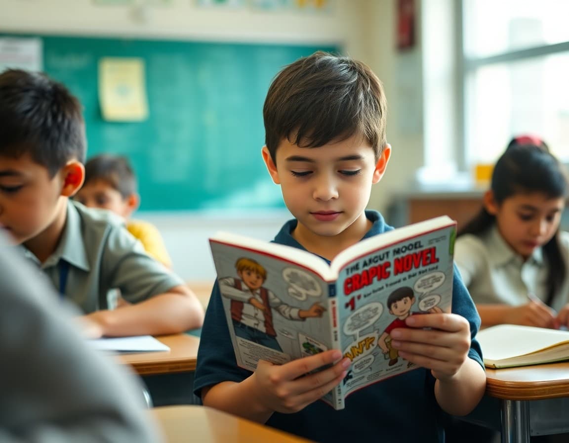 Student reading a graphic novel during a classroom genre exploration unit