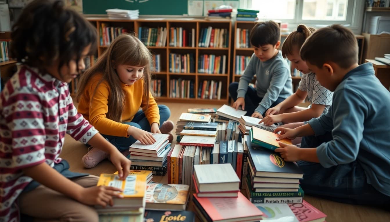 Students sorting books by genre into labeled categories on a classroom floor