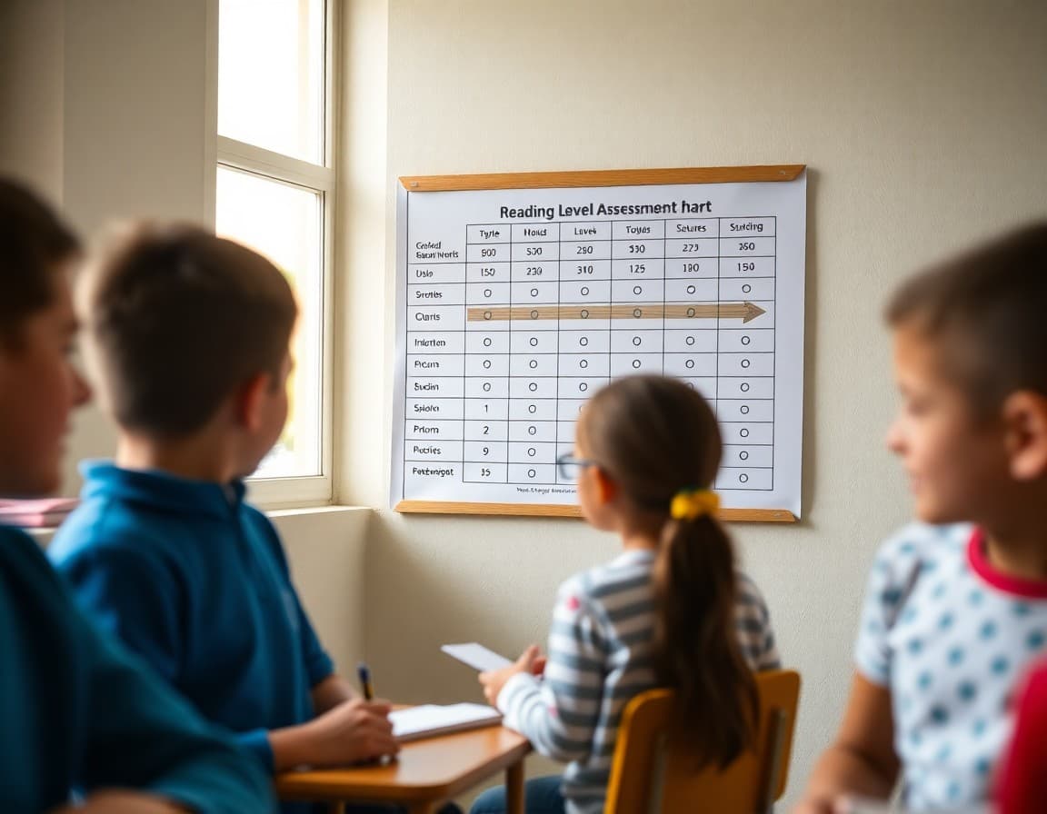 Reading level assessment chart with student scores plotted on a progress scale