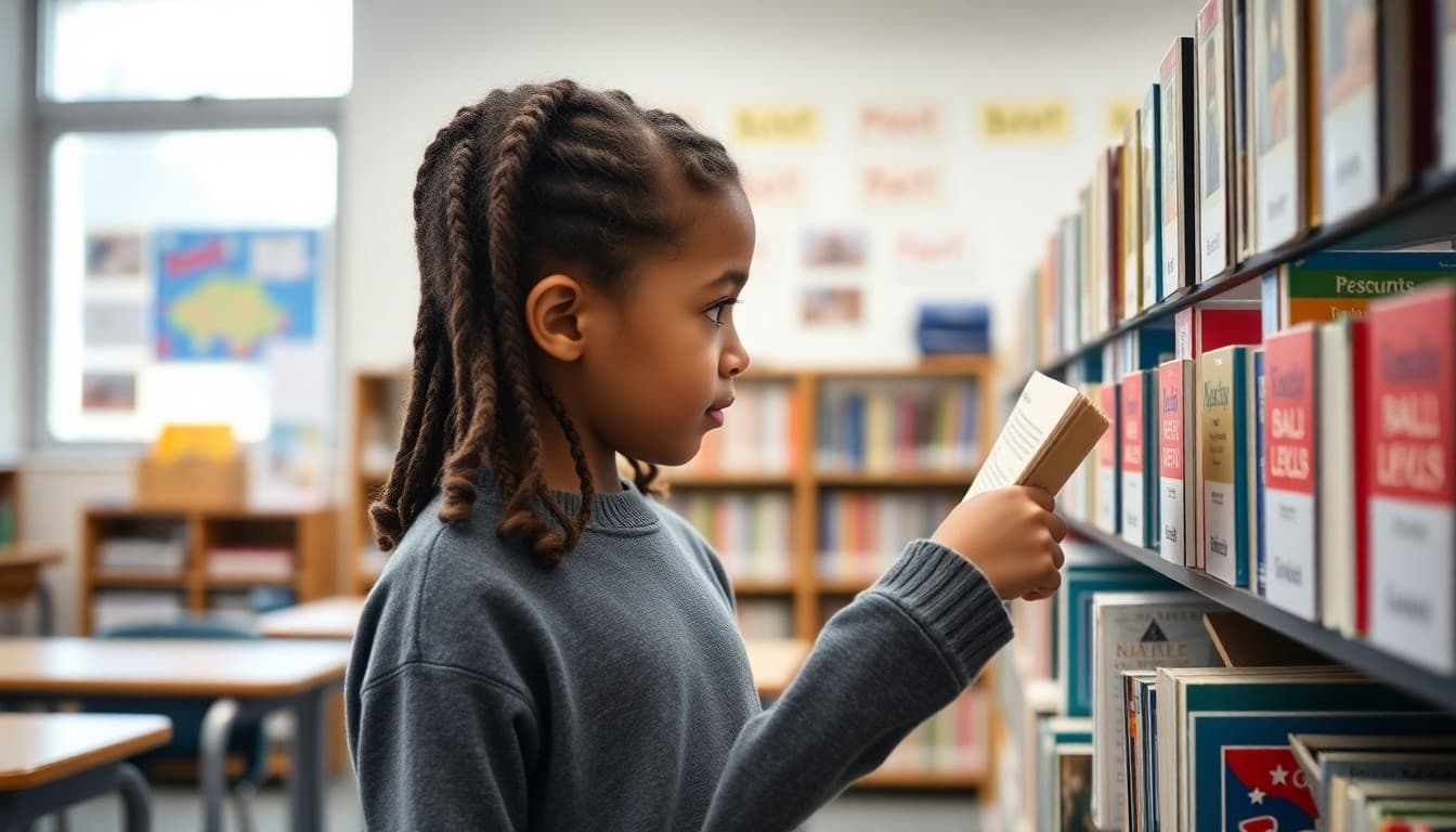 Student selecting a book from a classroom library organized by reading level bins