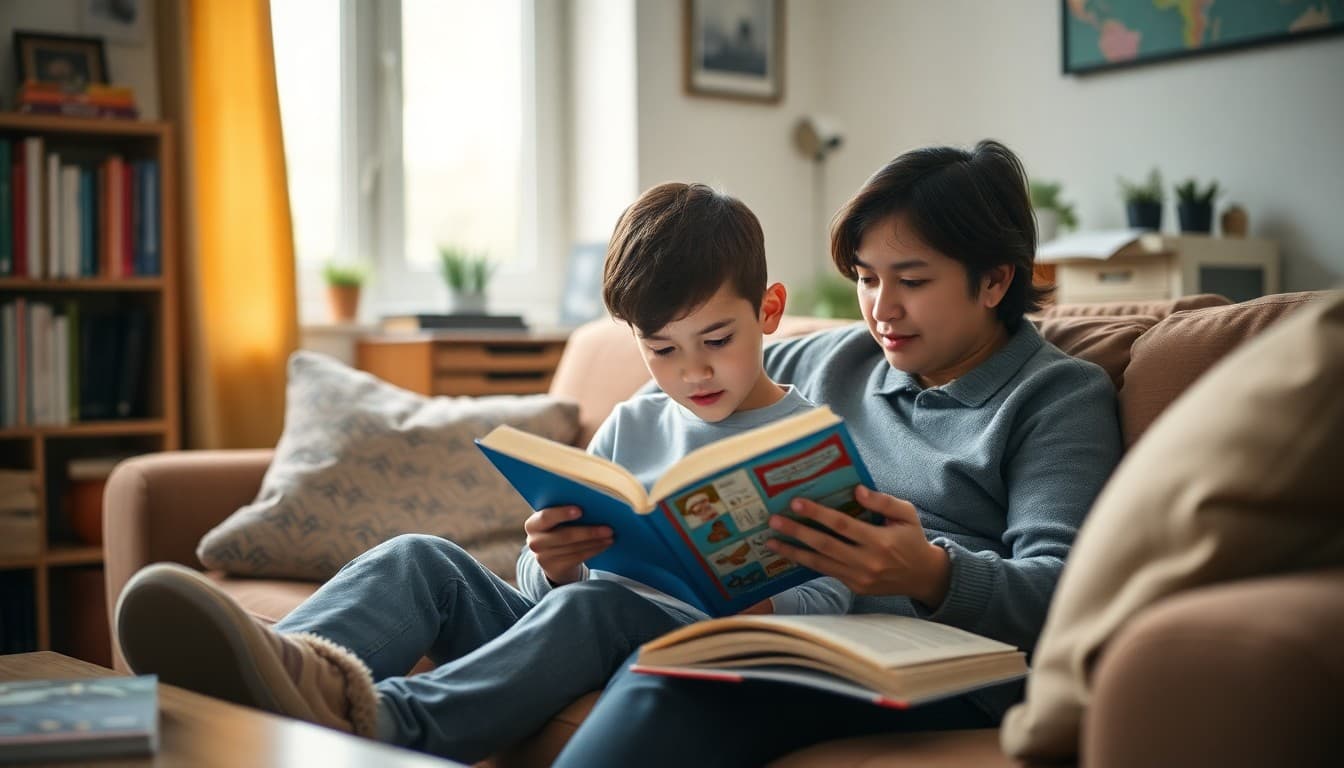 Student reading a book at home on a cozy couch with a parent nearby