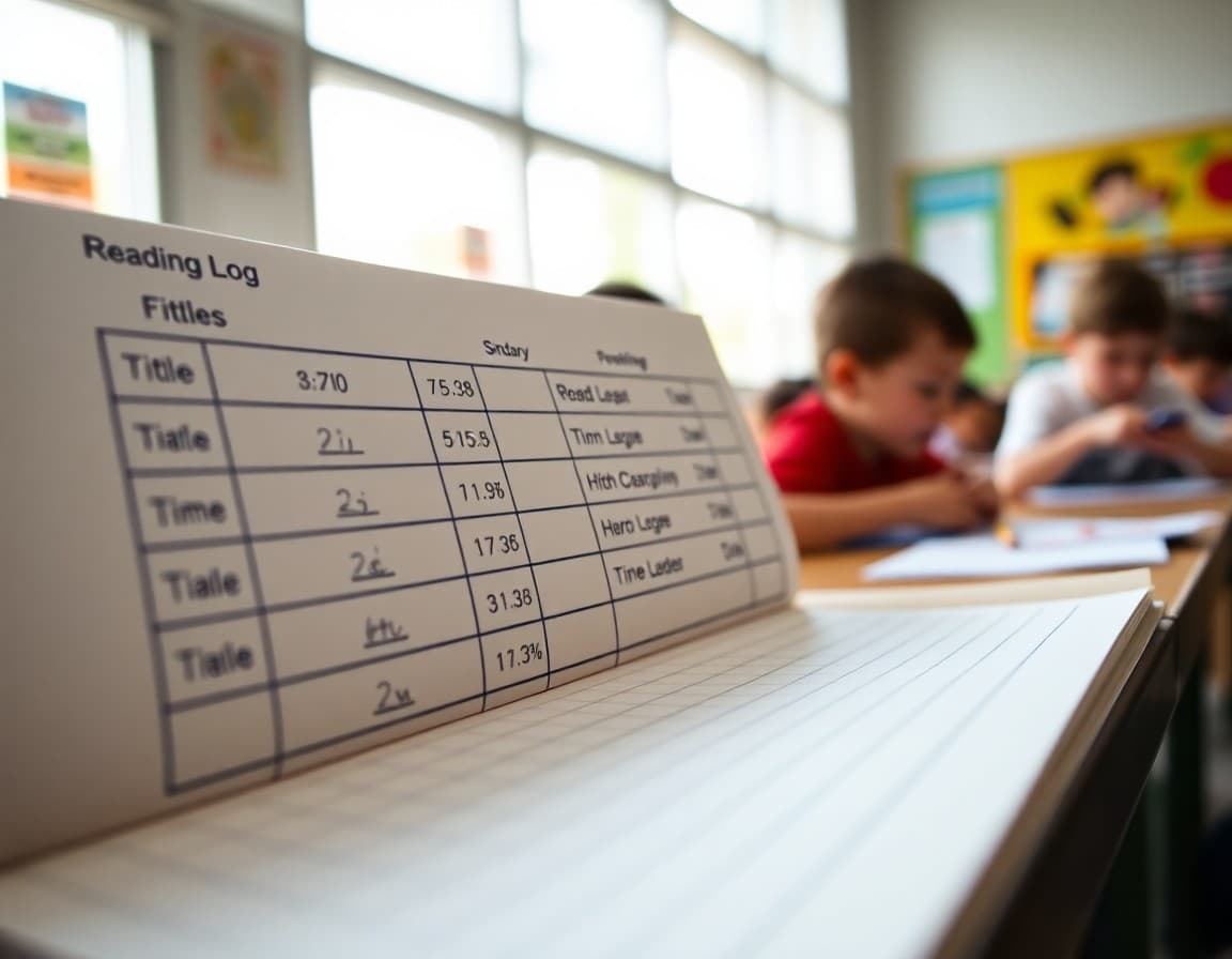 Close-up of a classroom reading log with titles, dates, and reading minutes recorded