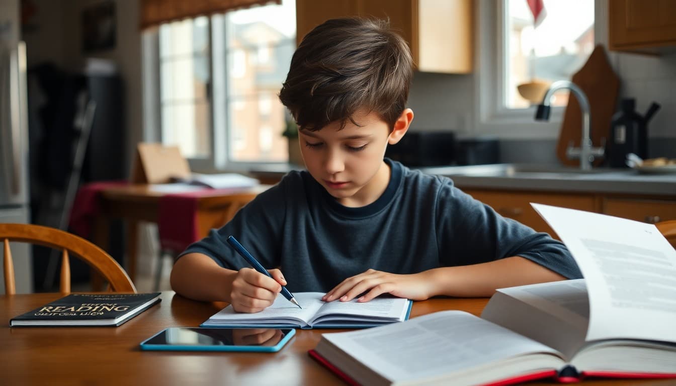 Student filling out a reading log at home at a kitchen table with a book open nearby