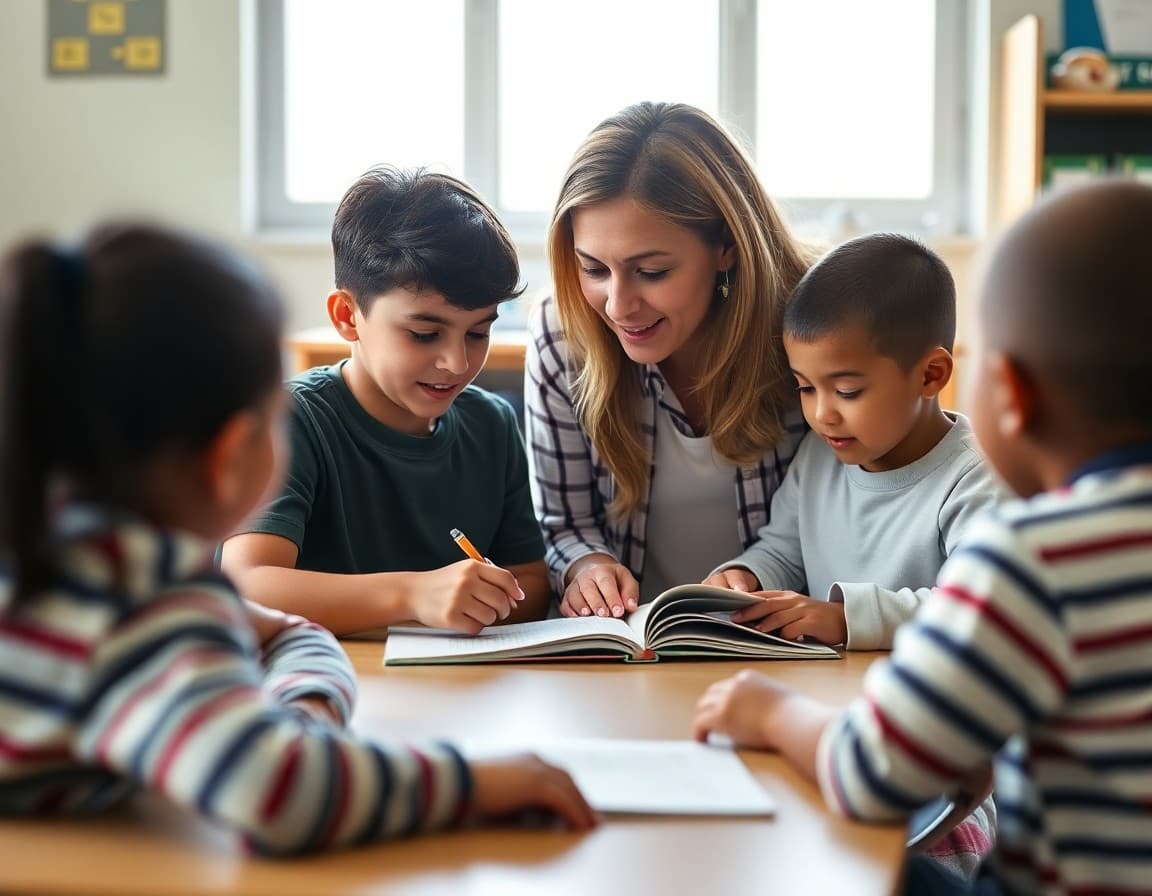 Reading specialist leading a small group of students through a phonics activity at a guided reading table