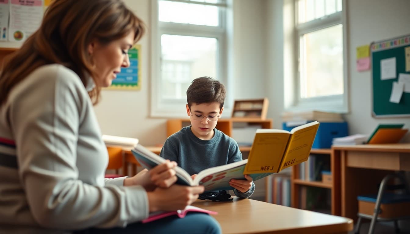 Reading specialist working one-on-one with a student using decodable books in a small reading room