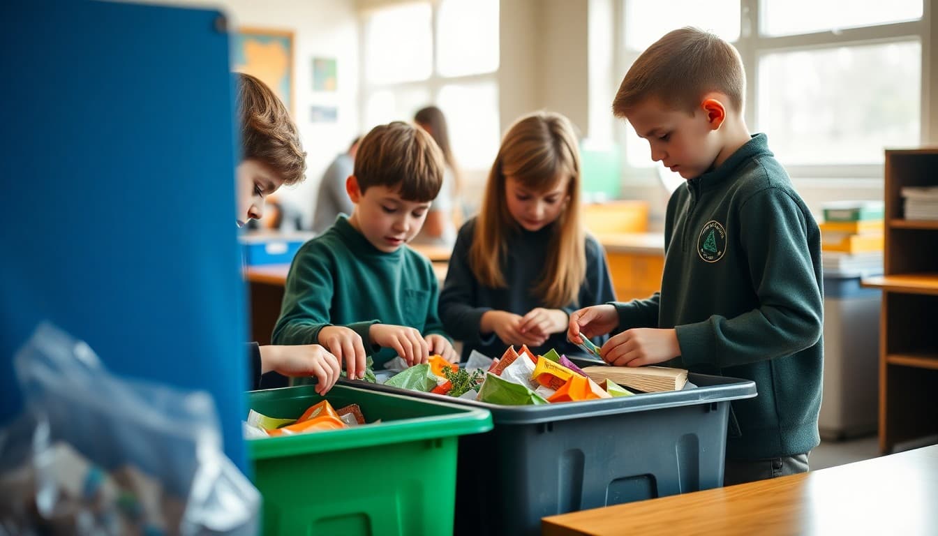 Students sorting materials into recycling and compost bins during a school environmental unit