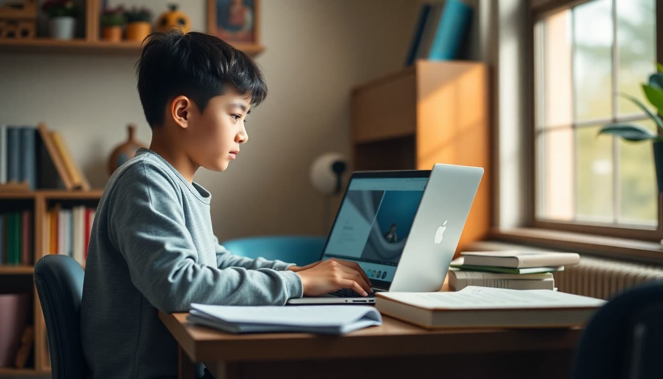 Student attending a remote learning class on a laptop at a home desk with textbooks nearby