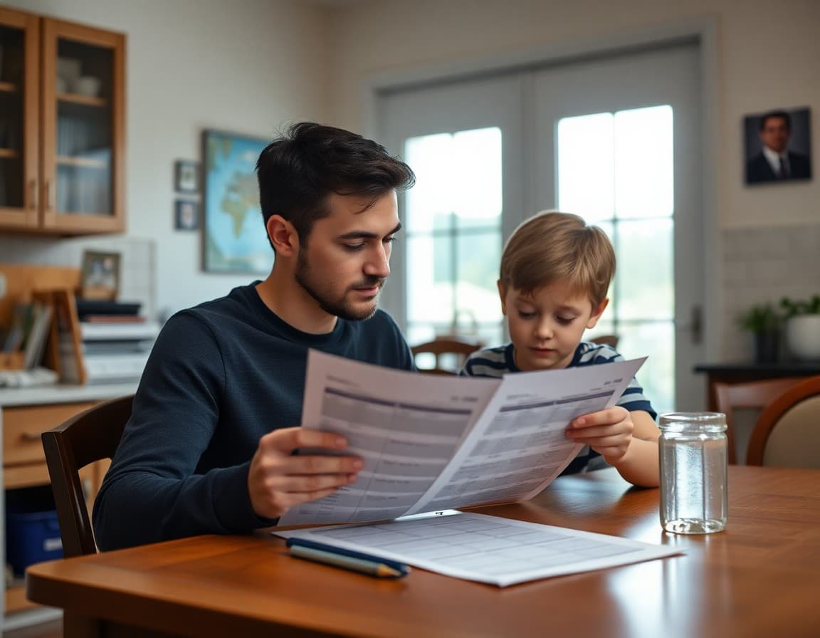 Parent sitting with a child at a kitchen table reviewing a report card together
