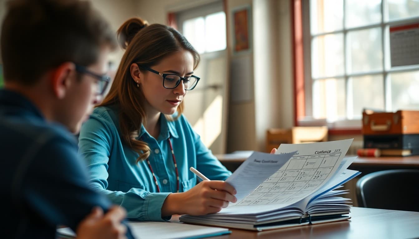 Teacher reviewing report cards at a desk before distributing them to families with a conference calendar visible
