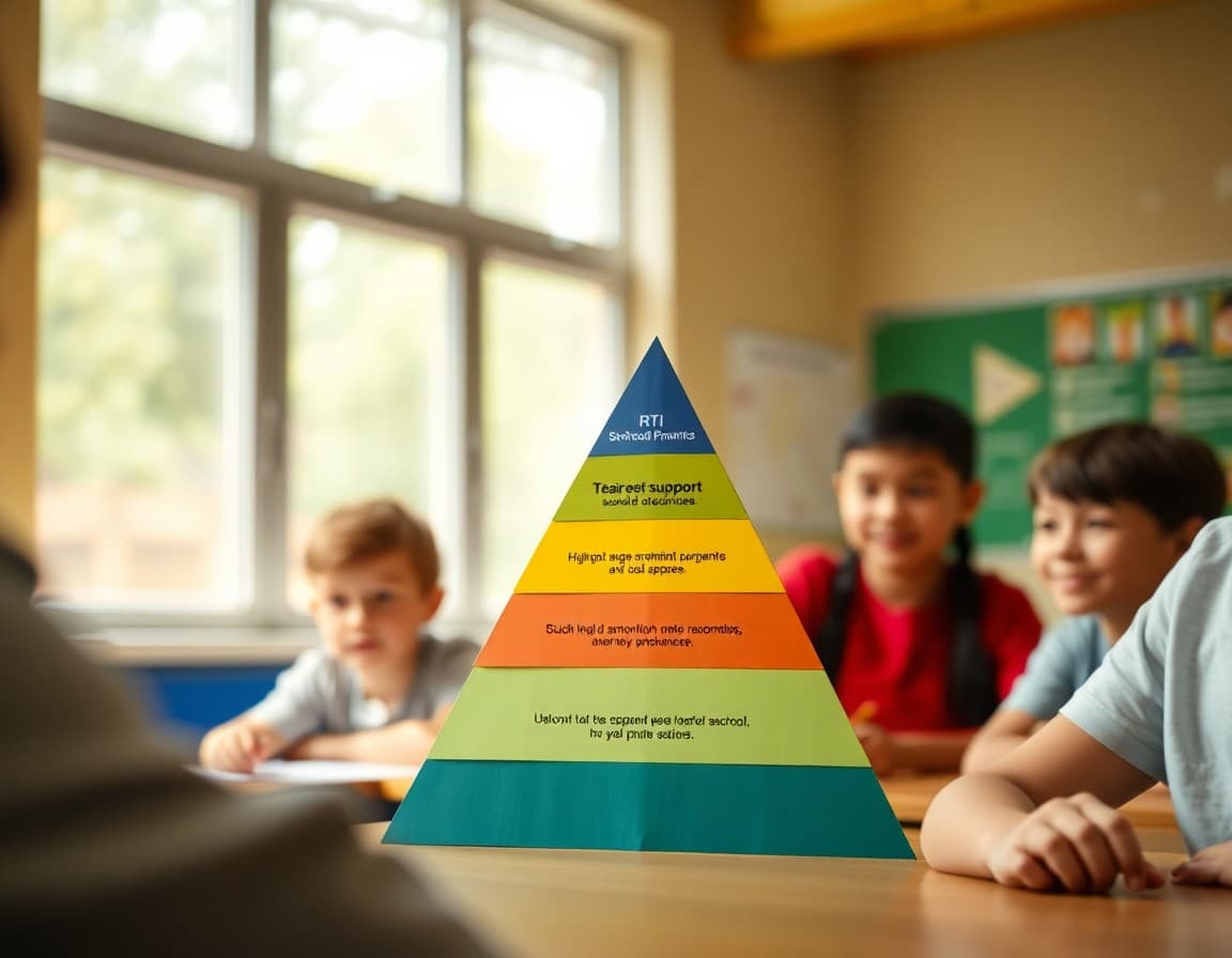 RTI tiered support pyramid diagram printed on colorful paper