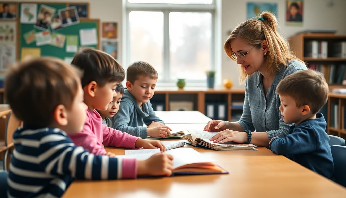 Teacher working with small group of students at reading table for targeted support