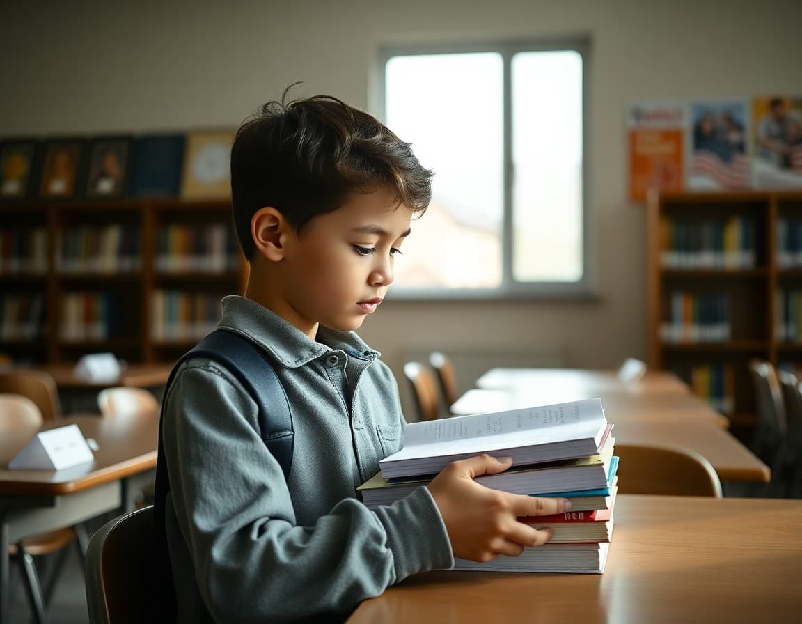 A student returning library books and completing a classroom job with care