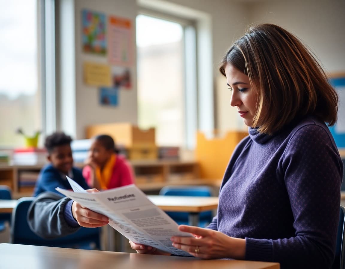 Parent reading a teacher newsletter that explains the restorative practices approach in the classroom