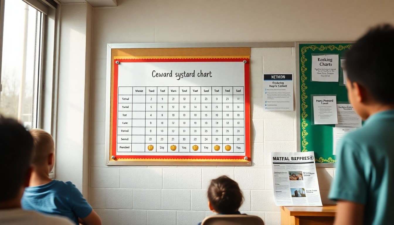 Classroom reward system chart displayed on a bulletin board with a newsletter nearby