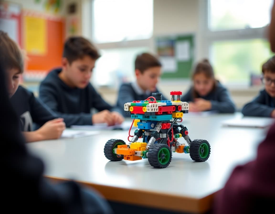 A colorful robot built from LEGO Mindstorms pieces on a classroom table