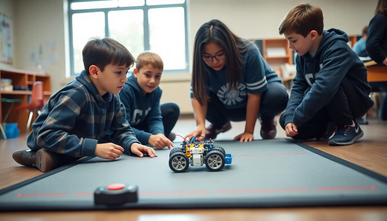 Students working together to program and test a small robot on a competition mat