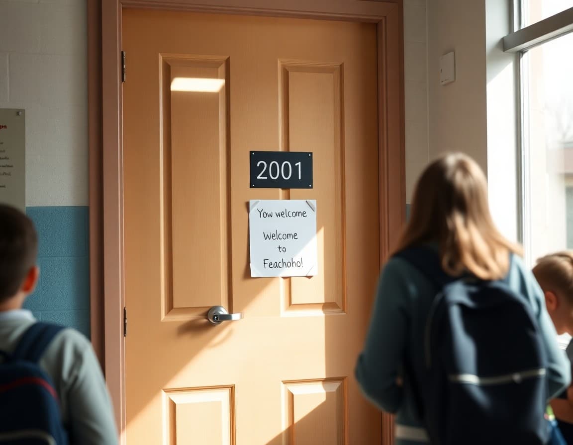 New classroom door with room number sign and teacher welcome note
