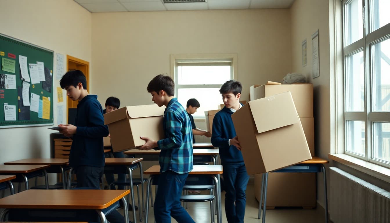 Students moving desks and boxes from one classroom to another during a room change