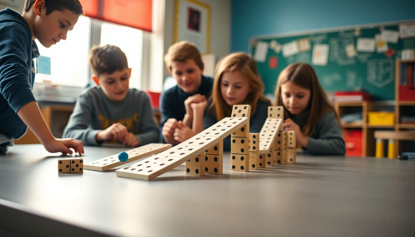 Students adjusting a multi-step Rube Goldberg machine with ramps, balls, and dominoes