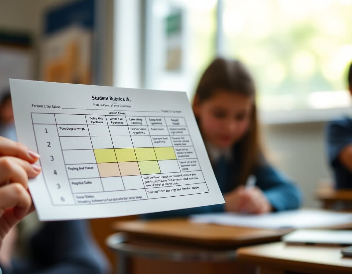 Close-up of a student rubric with four performance levels highlighted and annotated