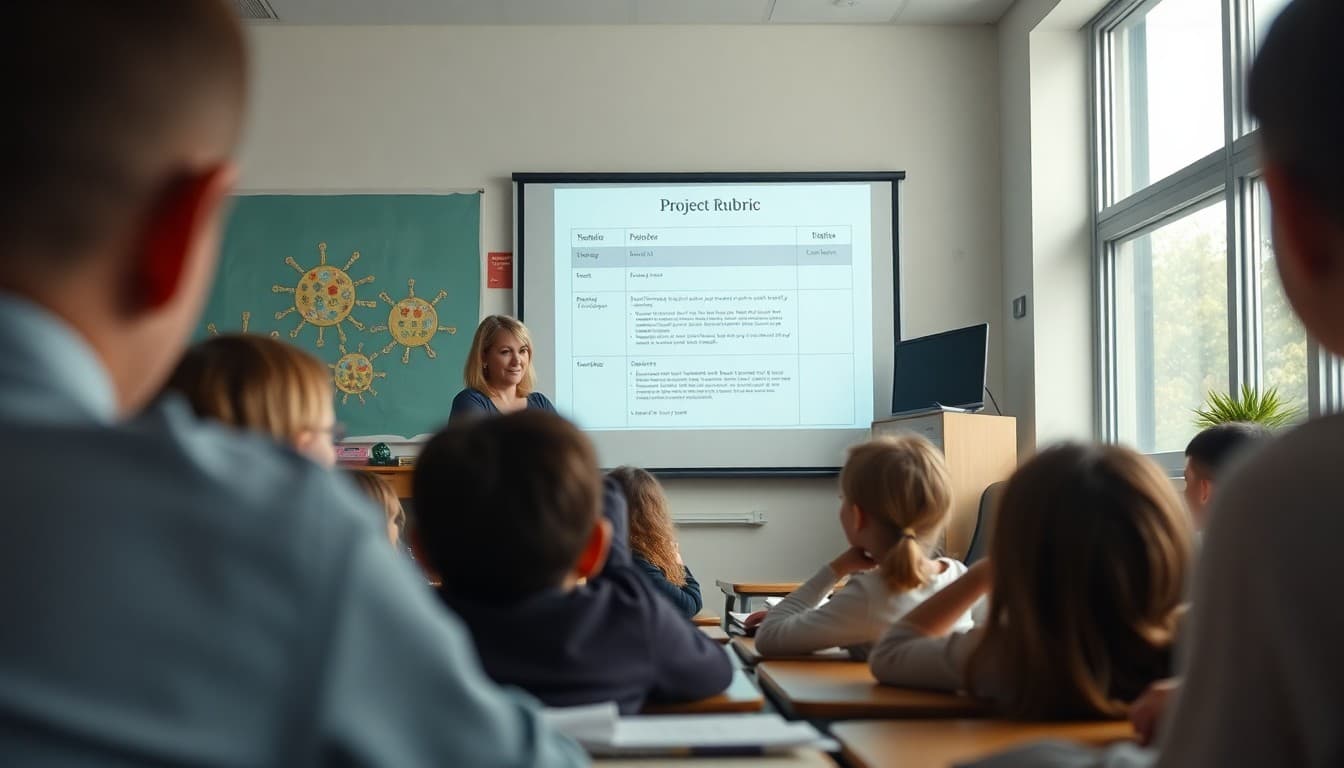 Teacher showing students a project rubric on a projector screen before they begin their assignment