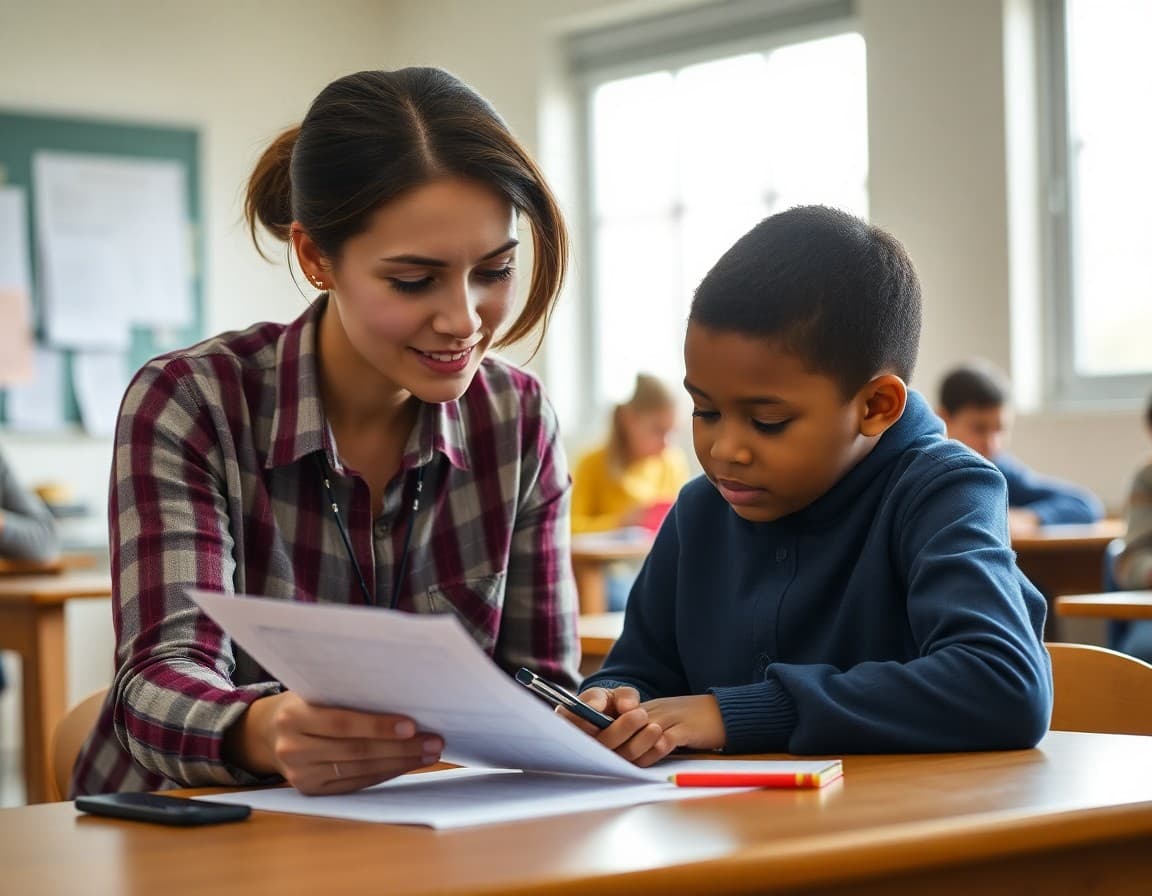 Teacher reviewing a worksheet with a student during a Saturday tutoring program
