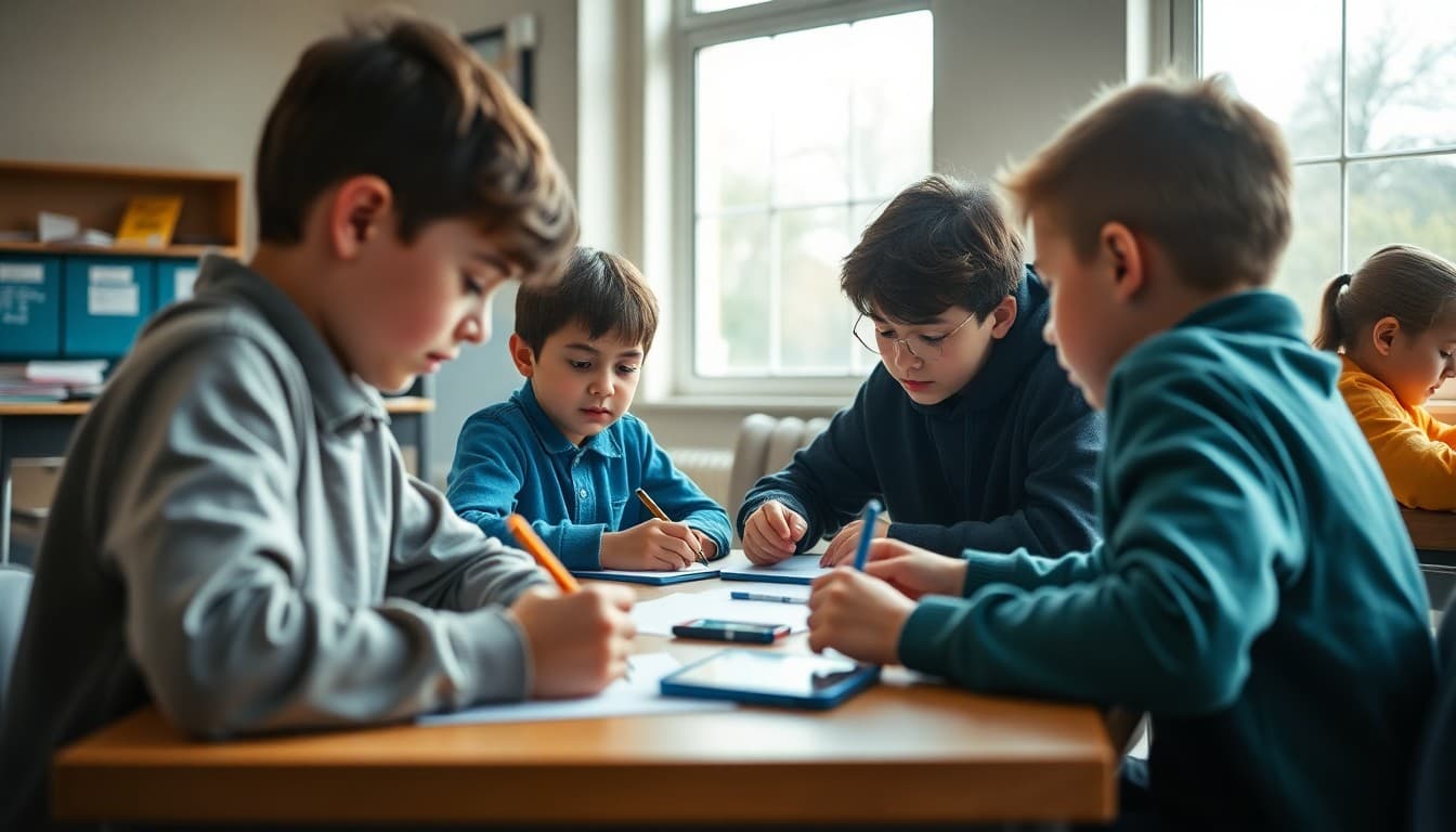 Students working in small groups during a Saturday school enrichment session