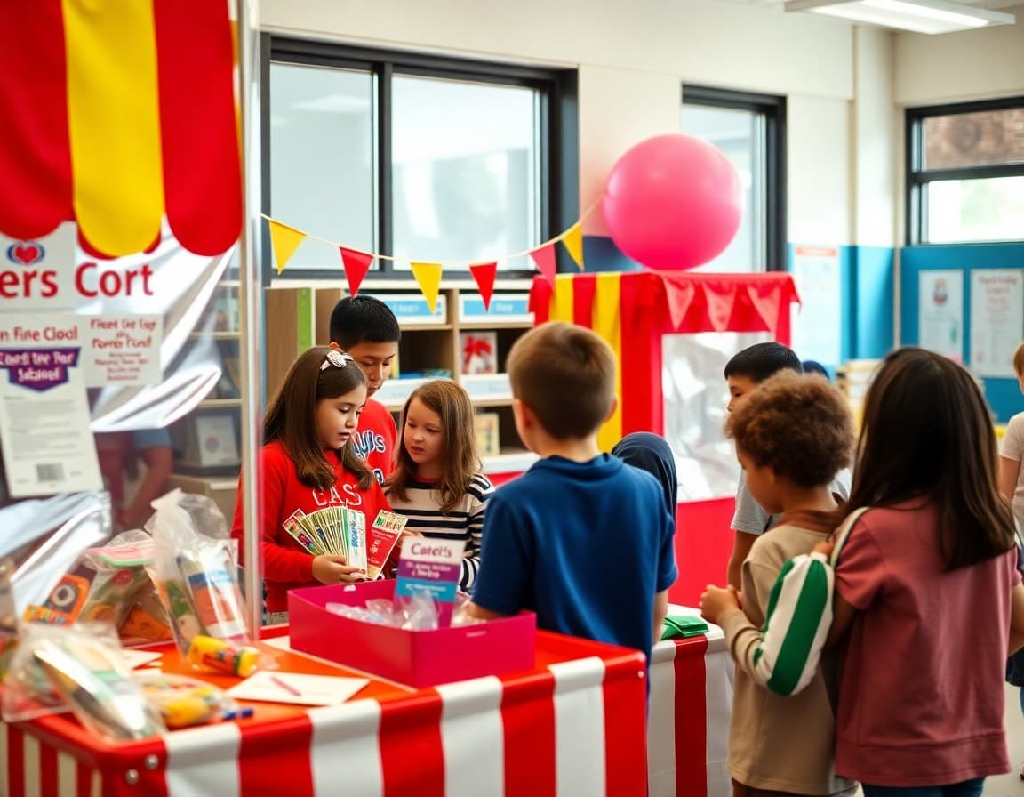 Colorful school carnival booth setup with tickets, prizes, and activity stations
