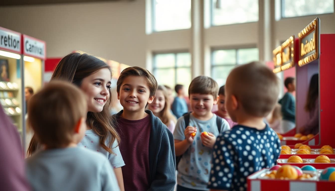 Students and families enjoying game booths and activities at a school carnival