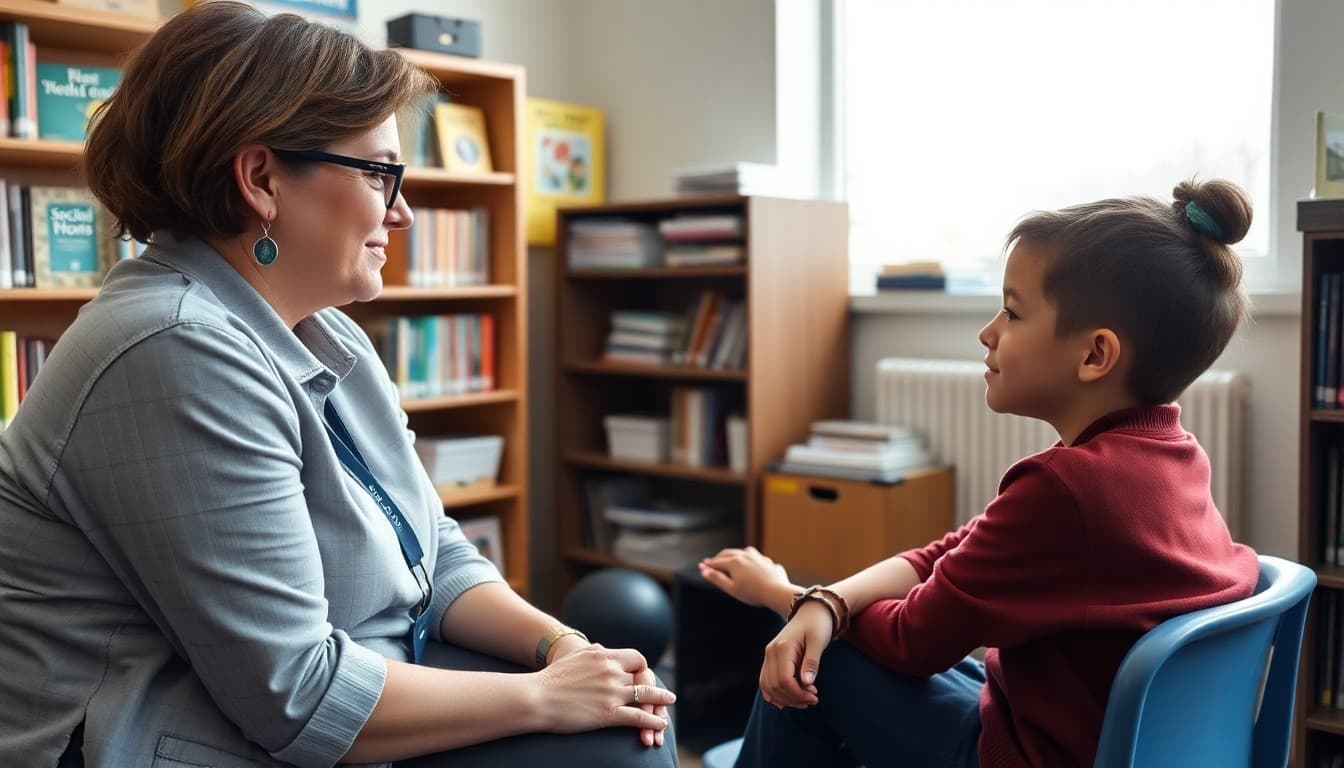 School counselor sitting with a student in a welcoming office with social-emotional resources on the shelves
