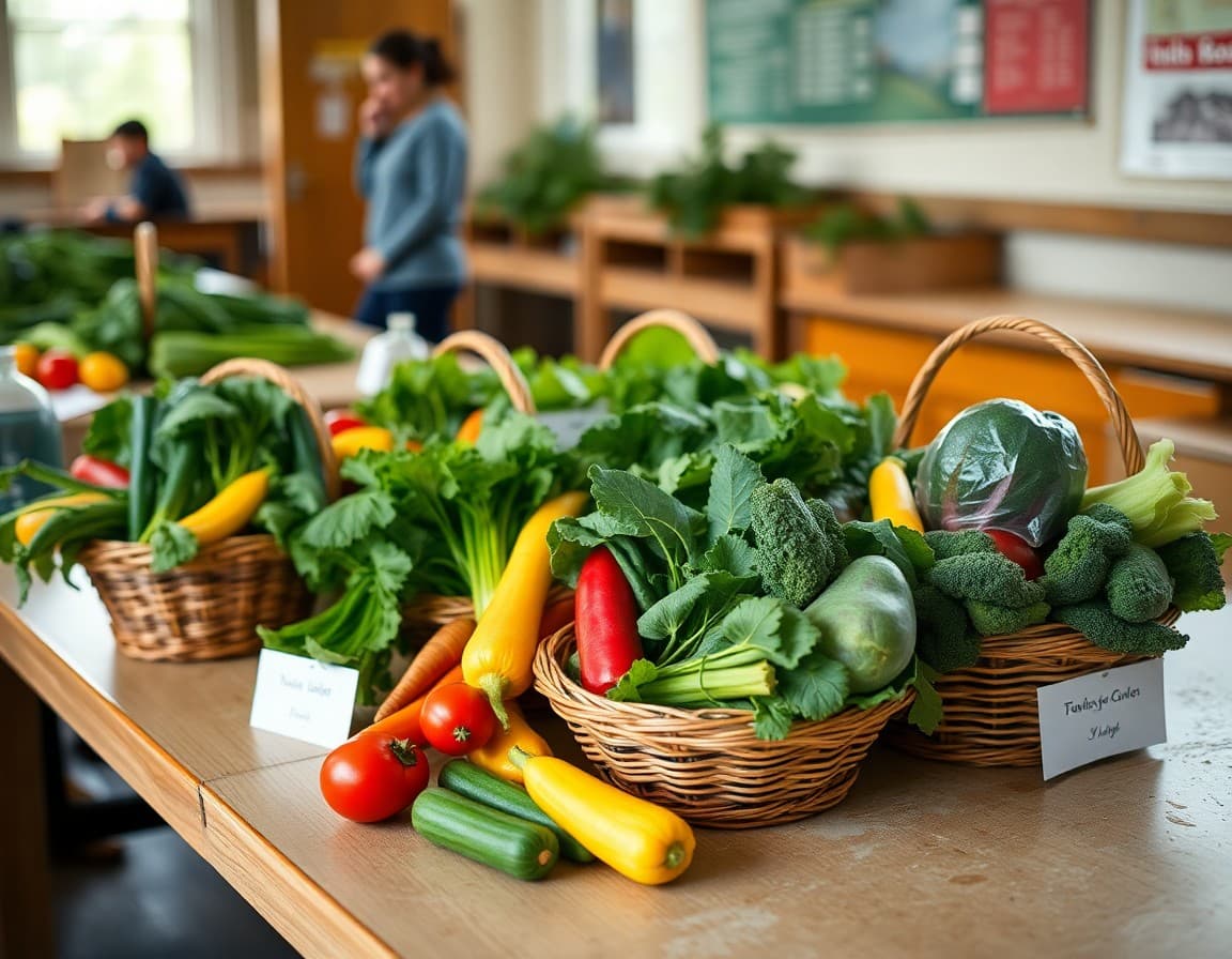 Freshly harvested vegetables in baskets on a school garden table with student labels