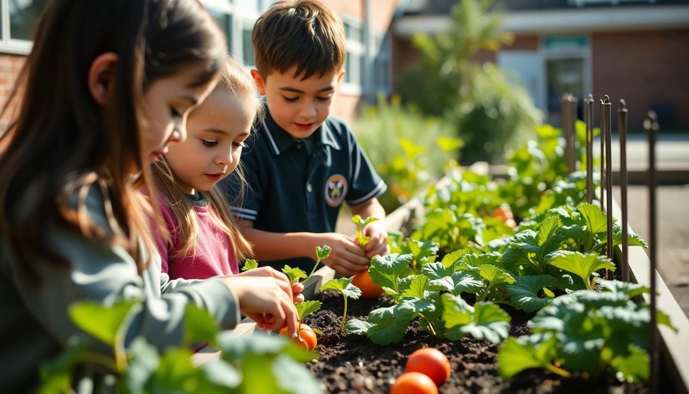 Students picking vegetables from a school garden bed on a sunny afternoon