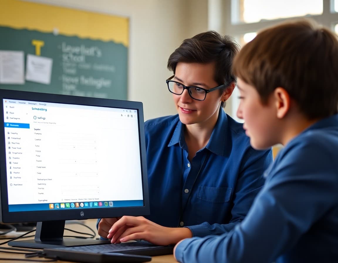 Teacher reviewing SchoolMessenger delivery settings on a school computer