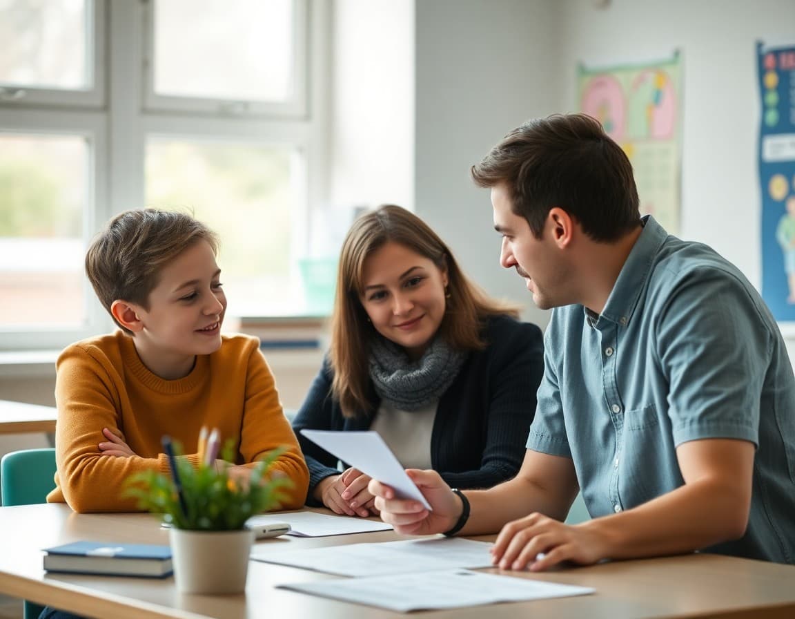 A parent and school professional meeting at a table to review student evaluation results