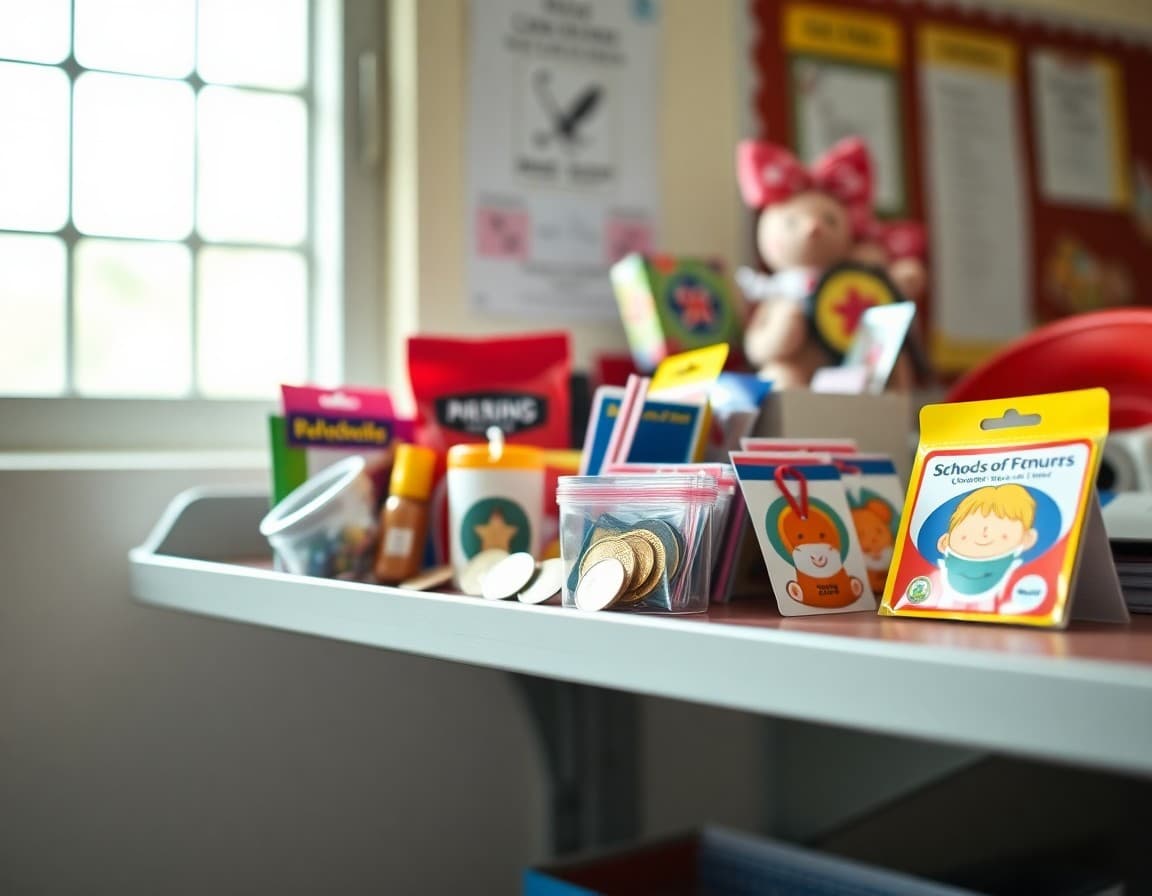 School store tokens and prize items displayed on a classroom shelf