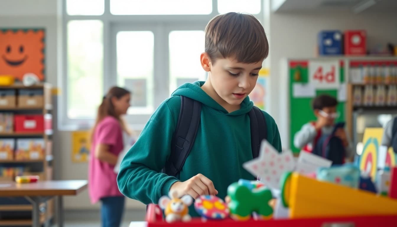 Student browsing items at a colorful school store display table