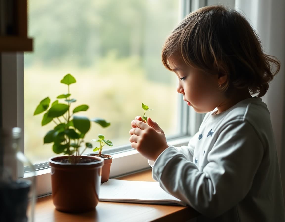 Child observing plants growing in a windowsill experiment journal at home