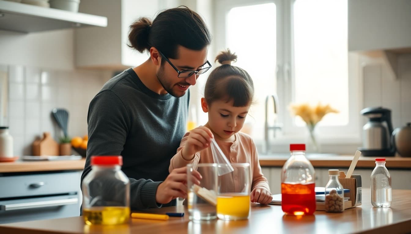 Child and parent conducting a simple science experiment with household supplies in a kitchen