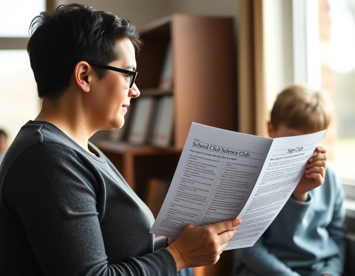 Parent reading a teacher newsletter announcement for the school science club sign-up