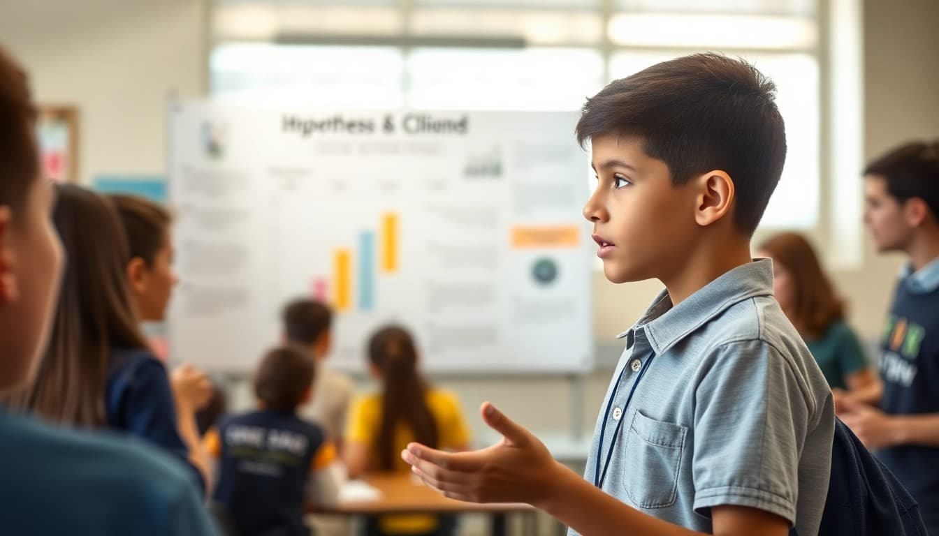 Student presenting a science fair board with a hypothesis and data chart
